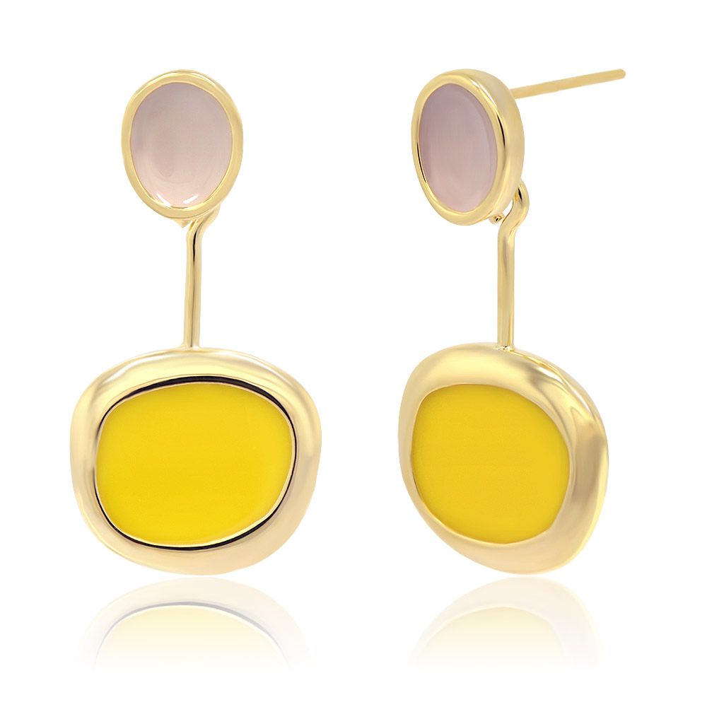 Color Enamel Disc With Two Tone Earrings -Beige & Yellow